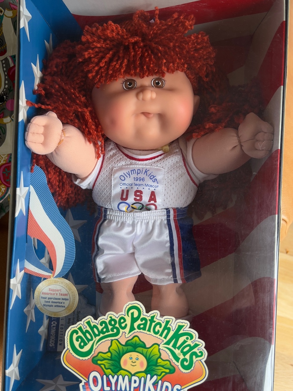 BNIB Mattel Cabbage Patch Kids Olympikids Doll in Red Hair & White Outfit VNTG